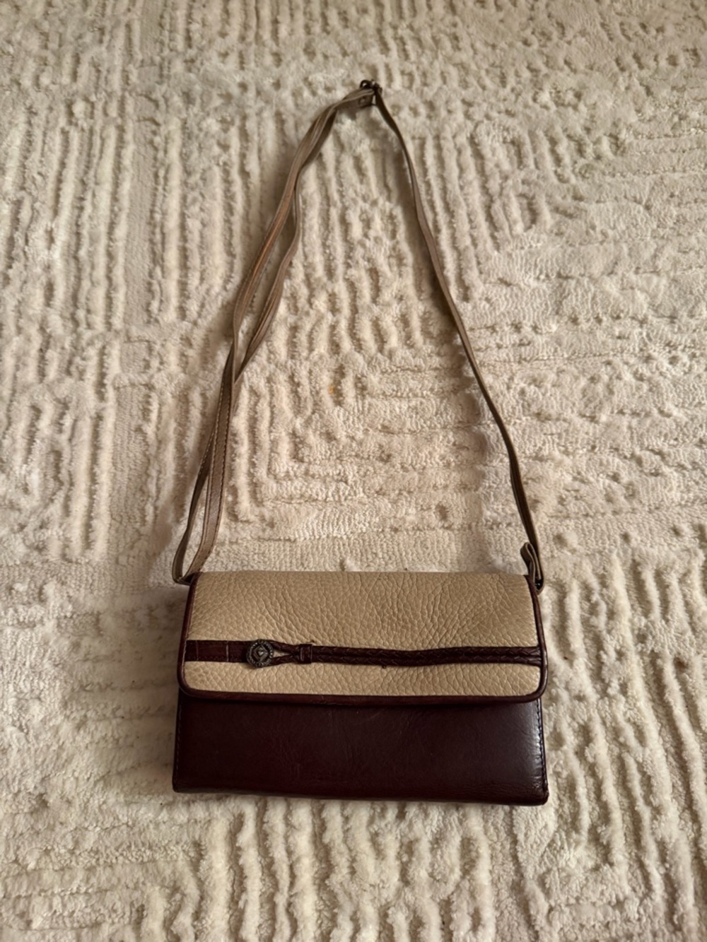 Brighton Leather Crossbody Wallet Bag Brown & Cream Braided Detail Small Purse